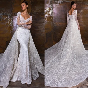 Элегантное свадебное платье-русалка Со съемным шлейфом, кружевным вырезом в виде сердечка, длинными рукавами и большими размерами, платье невесты