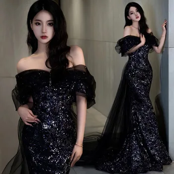Элегантное черное вечернее платье-труба 2023, новый французский стиль, легкие Роскошные банкетные платья с открытыми плечами, вечернее платье для выпускного вечера с открытой спиной