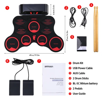 Электронная ударная установка ammoon, цифровая складная ударная установка MIDI, 9 силиконовых накладок Durm, Встроенные стереодинамики, аккумулятор с 2 ножными педалями