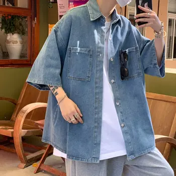 Японский стиль 2023, Летняя мужская джинсовая короткая футболка, Тонкое мягкое простое повседневное модное свободное пальто для мальчиков Trip Advanced