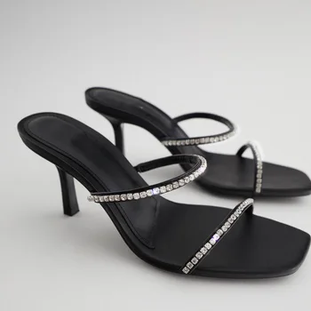 горячая женская обувь, черные аксессуары с квадратной головкой и стразами, босоножки на высоком каблуке, новинка 2021 года