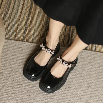 женские туфли mary janes с квадратным носком и жемчужным цветком в стиле 
