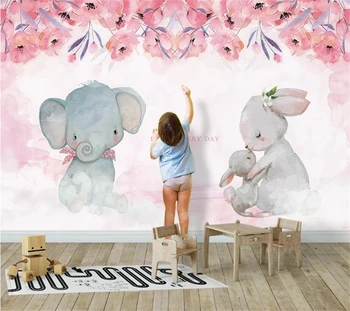 обои на заказ beibehang 3D фреска модный розовый слон кролик украшение детской комнаты роспись фоновой стены