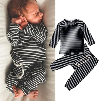 пижамный комплект из двух предметов для новорожденного мальчика, топ в полоску с длинным рукавом и брюки, костюм для сна и игр, осенний комплект пижам для новорожденных